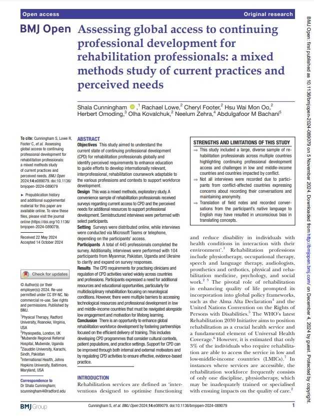 Screenshot of the scientific paper Assessing global access to continuing professional development for rehabilitation professionals: a mixed methods study of current practices and perceived needs